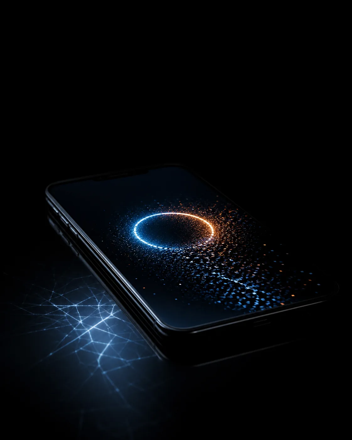 A phone's loading signal breaking into silent pixels in the dark